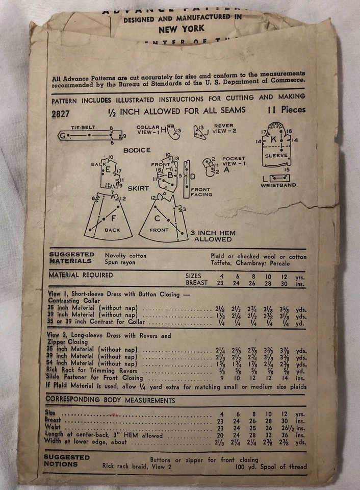 Vintage 1940s Advance Pattern Co 2827 Girls Size 4 Short or Long Sleeve Dress - Image 2 of 2