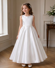 Elegant Satin Communion Dress with V-Back Bow White First Holy Communion Dress