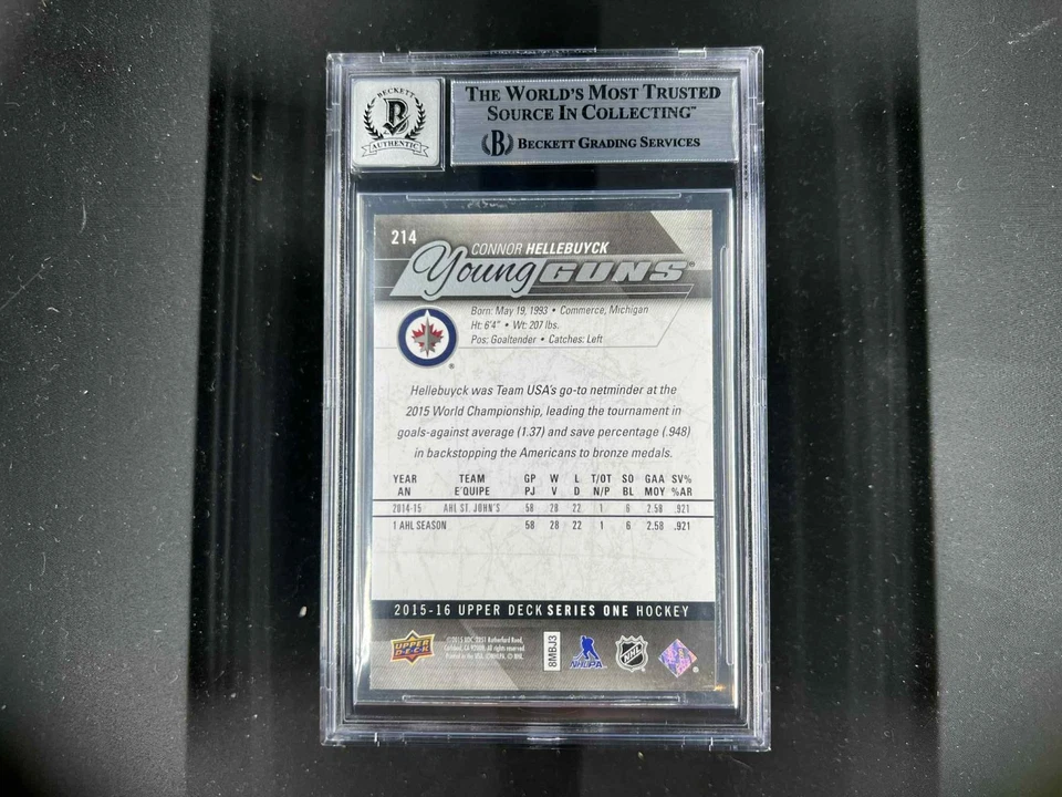 Connor Hellebuyck Signed 2015-16 Upper Deck #214 Young Guns Bekcett BAS 10 AUTO - Image 2 of 2