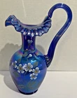 Fenton 1995 QVC Cobalt Blue Carnival Glass Pitcher Hand Painted & Signed