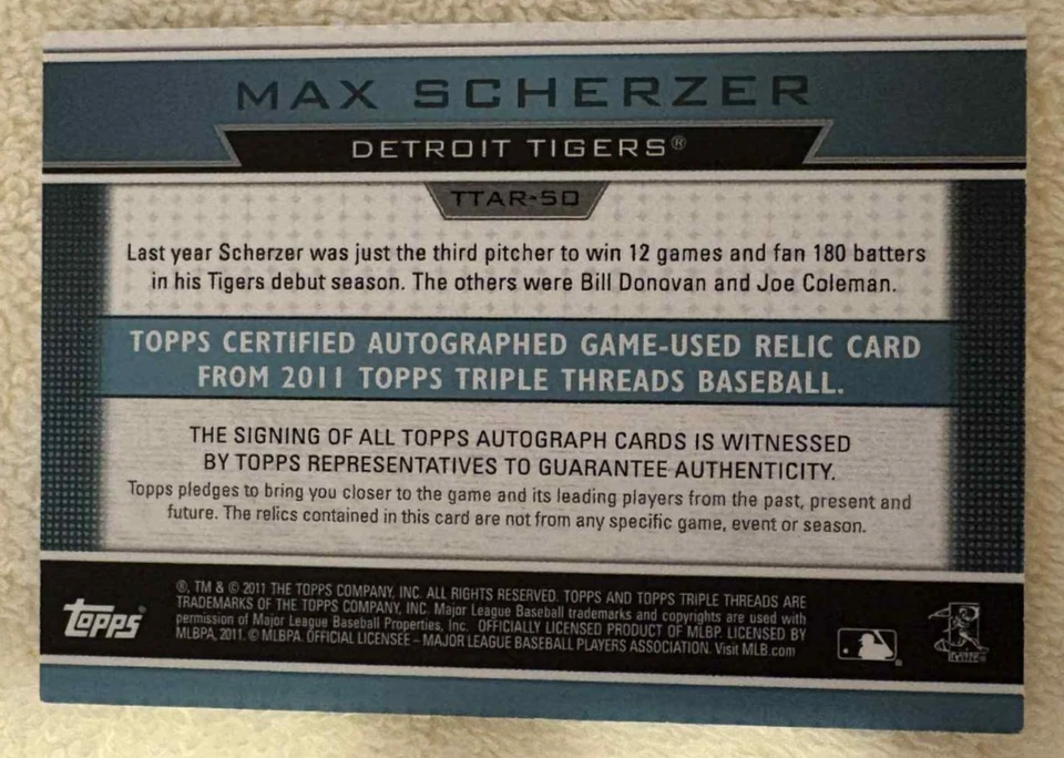 2011 Topps тройные нити Max Scherzer нашивка авто 3 цвета игры б/у 1/3 Tigers - Изображение 2 из 2