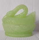 New ListingVintage Porteiux Vallerysthal Swan On Nest Covered Dish, Green Milk Glass