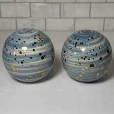 Set of 2 Pier 1 Imports Orbs Balls Glazed Ceramic Decor Blue Gold White