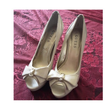 GUESS Beige Peep Toe Bow Platform Heels Faux ...