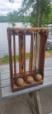 Vintage CROQUET SET w Wood Rack stand mallet toy lawn yard game sports carrier