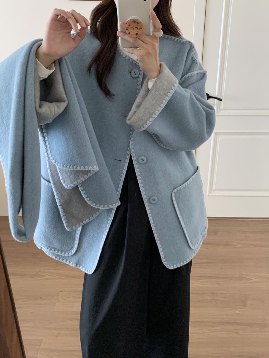 Womens Reversible Double Sided Wool Single Breasted Scarf Mid Long