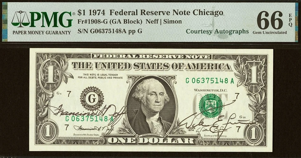 1974 $1 Federal Reserve Note PMG 66EPQ - Courtesy Autographs - Neff & Simon - Image 2 of 3