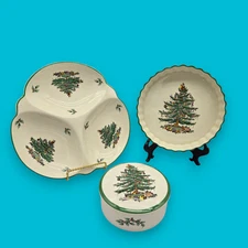 Vintage Spode Christmas Tree Lot Serving Platter Tart Pie Dish Covered Round Box