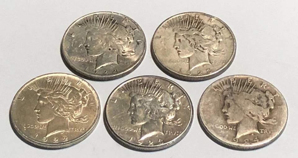 Lot of 5 Cull 1922-1935 US $1 Silver Peace Dollars, Mixed Dates & Mint Marks - Image 3 of 4