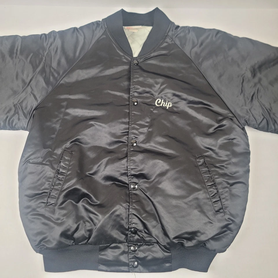 Chaqueta Chevrolet vintage para hombre grande negra años 80 satinado bombardero forro acolchado Foto 4 de 4