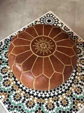 Leather 24'' Footrest Handcrafted Hassock Round Ottoman Brown New Home Decore