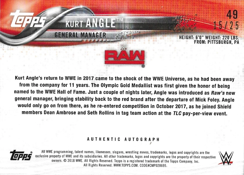2018 Topps WWE Kurt Angle Autograph Silver 15/25 - Image 2 of 2