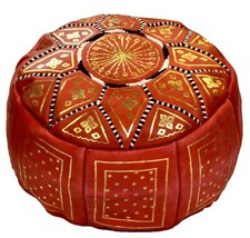 Pouf Moroccan Hassock Leather Round Ottoman Foot-stool Pouffe Medium Red