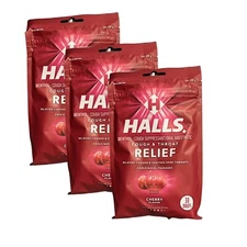 3X HALLS Relief Cherry Flavor Cough Drops 3 Bags 90 Total Drops