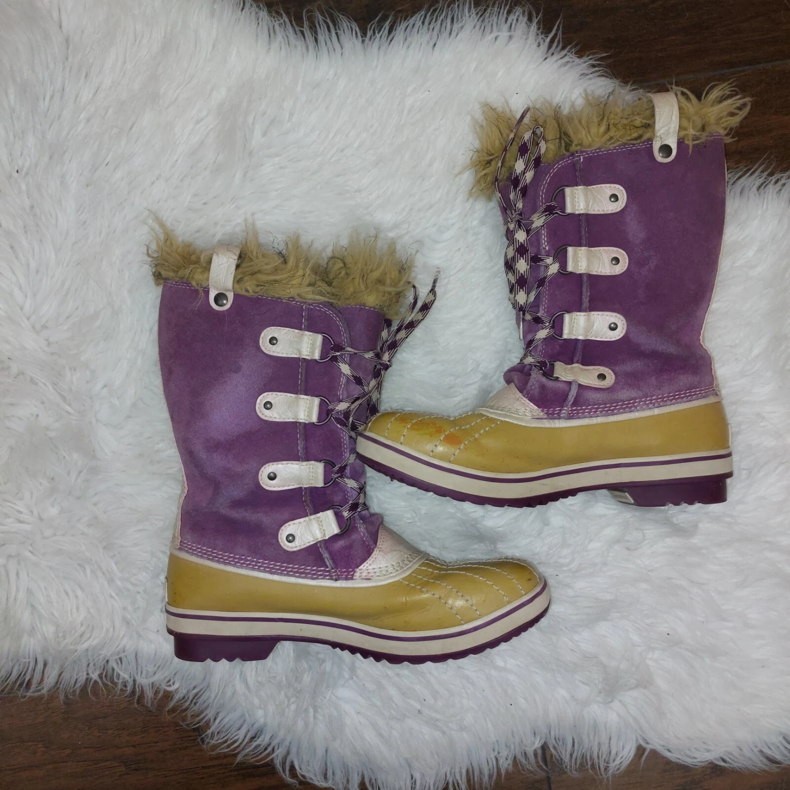 Womens Sorel Tofino Mid Calf Tan & Purple Suede Upper Fur Trim Size 7