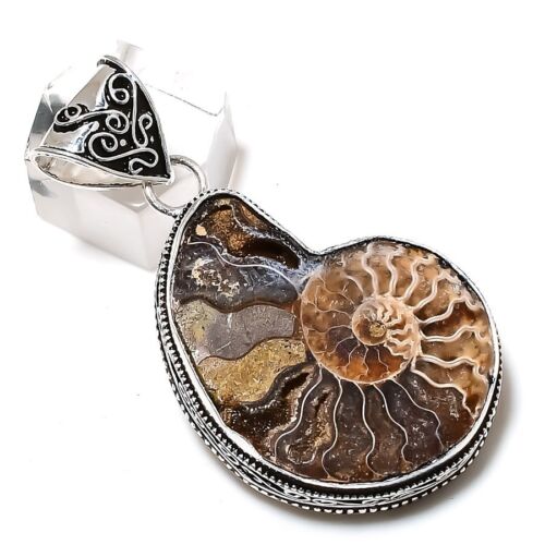 Ammonite Fossil Gemstone Handmade 925 Sterling Silver Jewelry Pendant 2.25" q067 - 第 1/7 張圖片