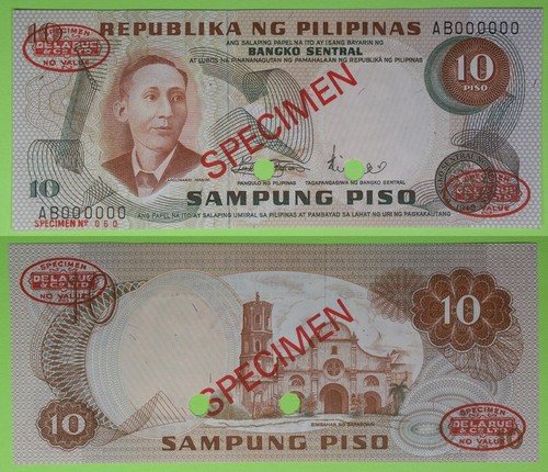 1970's Philippines 10 Pesos ~ THOMAS DE LA RUE SPECIMEN ~ Pick#149s ~ No.50 - Picture 1 of 1