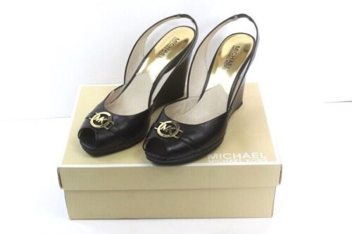 black Michael Kors Rochelle peep toe leather wedge shoes heels slingback 8.5 M