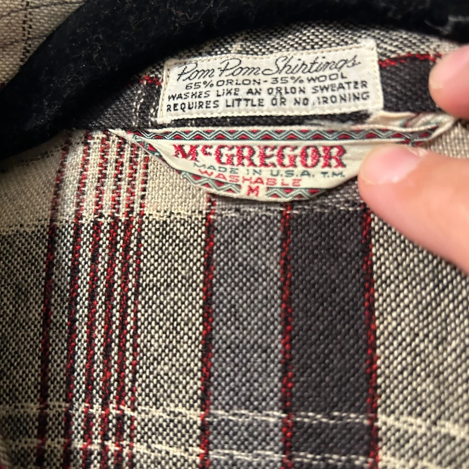 复古 20 世纪 50 年代 McGregor 格子羊毛混纺口袋纽扣衬衫环领 Rockabilly — 第 2/4 张图片