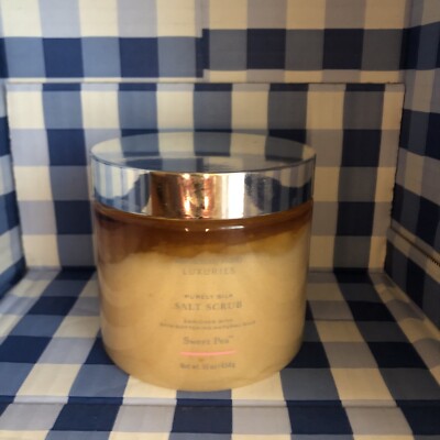 NOS BBW Bath Body Works Luxuries Purely Silk Salt Scrub Sweet Pea, Natural 16oz