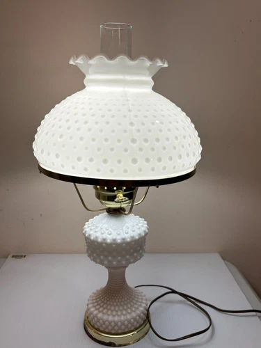 Vintage White Milk Glass Hobnail Hurricane Table Lamp Parlor 20" Electric Works