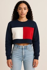 Tommy Hilfiger Jeans Color Block Cropped Flag Logo Sweatshirt