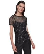 KARL LAGERFELD PARIS Women's Top Sz XS Embellished Mesh Crewneck