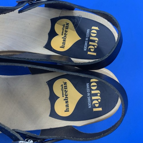 TOFFEL Swedish Hasbeens Black Leather Wooden Platform Sandals - Size EU 39 - Picture 3 of 10