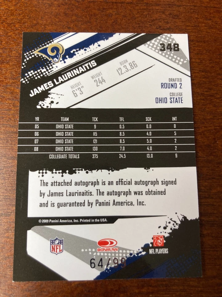 2009 Score James Laurinaitis Rookie Autograph Auto /99 - Image 2 of 2