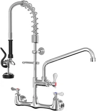 25" Commercial Wall Faucet with Pull Down Pre Rinse Sprayer Wall Mount Kitchen