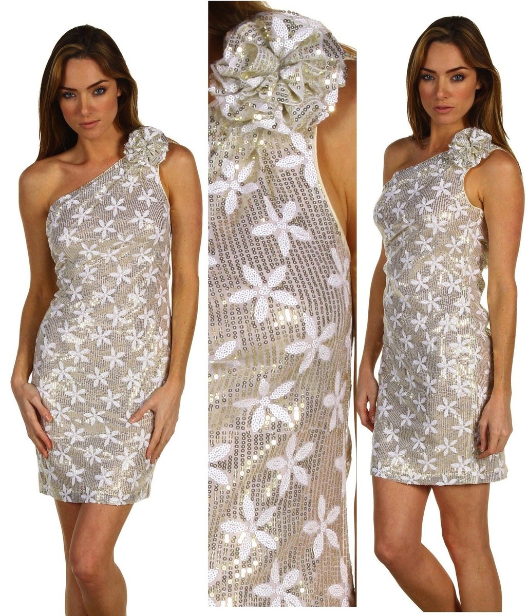 badgley mischka one shoulder sequin dress Mark & James Badgley Mischka One Shoulder Gold Sequin Dress L