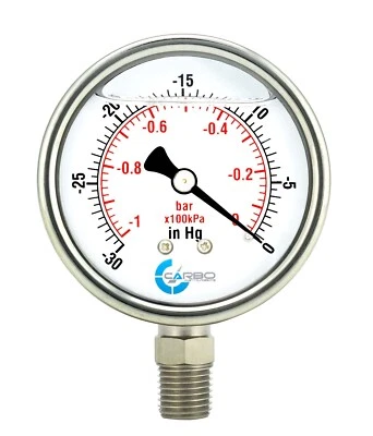 CARBO INSTRUMENTS 2" Vacuum Gauge, Stainless Steel Case, Liquid Filled, Lower Mnt -30 Hg/0