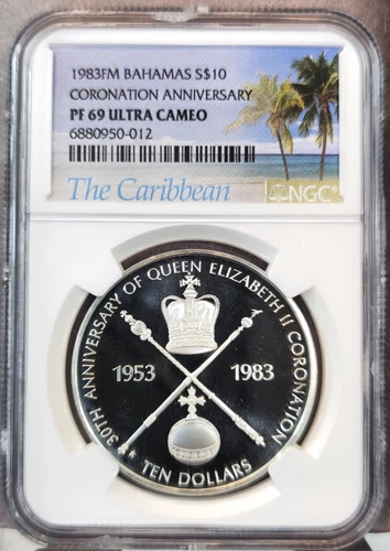 1983 BAHAMAS SILVER 10 DOLLARS CORONATION NGC PF 69 ULTRA CAMEO RARE TOP POP