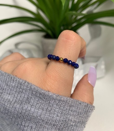 Lapis Lazuli & Pyrite Faceted Round Gemstone Beads Stretchable Rings For Girls - Picture 13 of 15