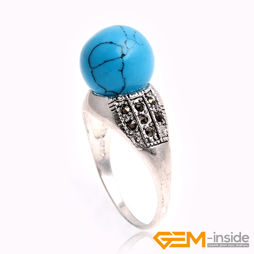 Fashion Gemstone Bead Rings Tibetan Silver Marcasite Jewelry Gift 12mm Christmas - Picture 7 of 60