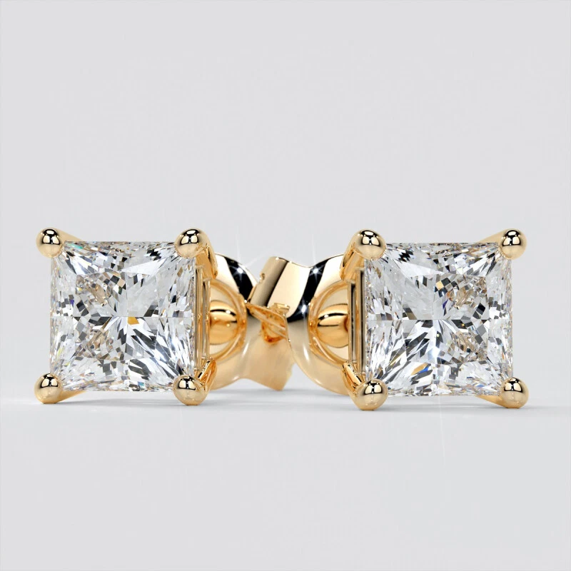 14K YELLOW OR WHITE GOLD STUD EARRINGS LAB CREATED PRINCESS CUT DIAMOND FLAWLESS - Image 3 of 4
