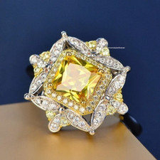 Honey Yellow Asscher Cut 2.12CT Citrine With White Diamonds Flower Design Ring
