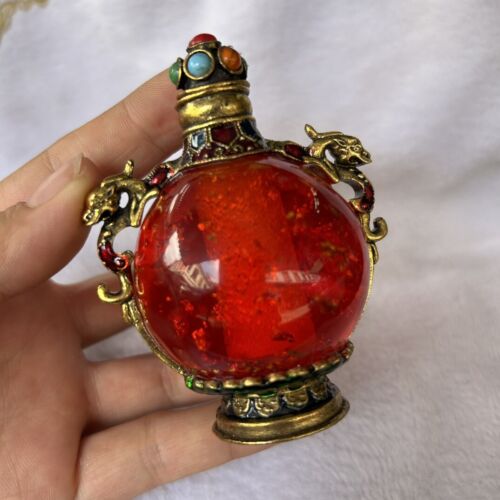 Chinese Antique Collect Red Amber Handmade Enamel Snuff Bottle - Picture 1 of 7