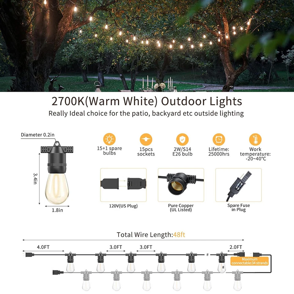 48FT Outdoor String Lights Patio Lights 15 LED S14 Bulb IP65 Waterproof w/Remote - Image 2 of 4