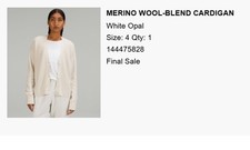 LULULEMON Merino Wool Blend Cardigan Size 4