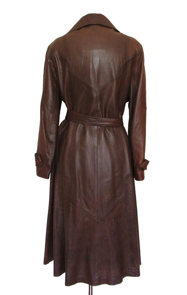 Vintage Leather Long Trench Coat Imperial Size M/L 70s Glossy Brown Belted - Image 4 of 4