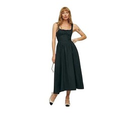 Reformation Milkmaid Balia Black Linen Midi Dress Tie Front Smocked 12 Large