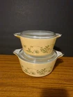Vintage Pyrex Shenandoah Casserole Set 474-B 475-B Yellow/Green Flowers w Lids