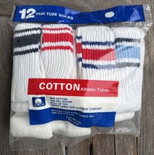 NEW VTG Boys Tube Socks Size 6-8.5 White Red Yellow Striped 12 Pack USA Cotton