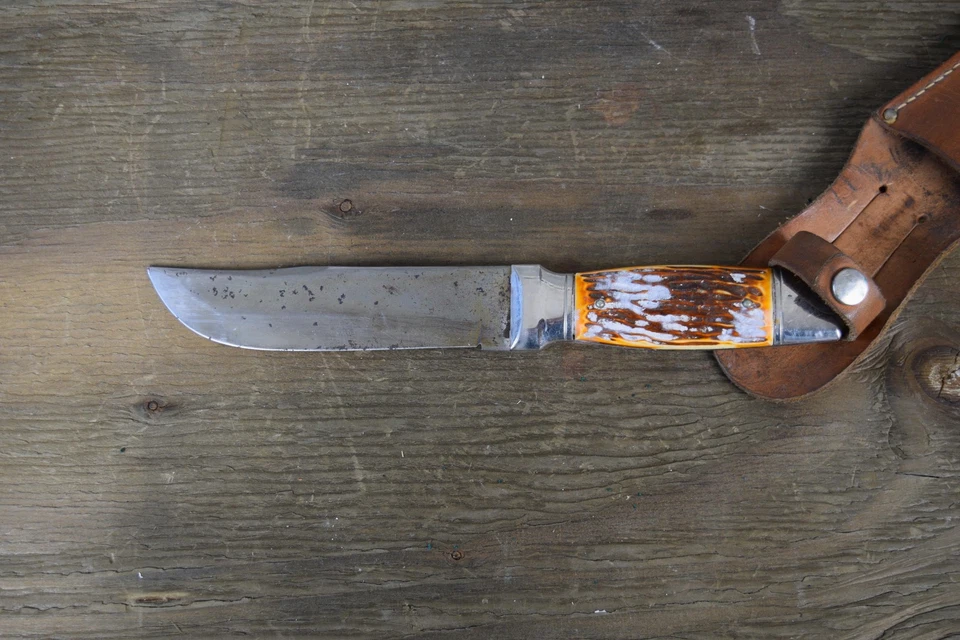 Faca vintage Colonial Prov EUA lâmina fixa cabo de veado com bainha de couro - Imagem 2 de 4