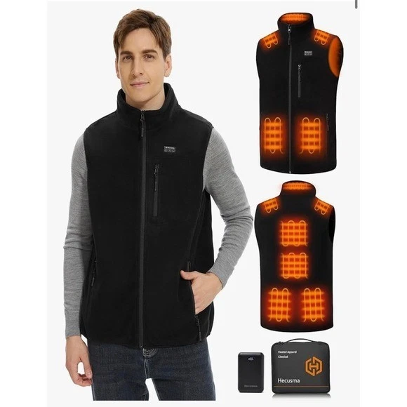 Hecusma Men's Heated Vest Black Fleece 3 Zone Heating Power Bank Included