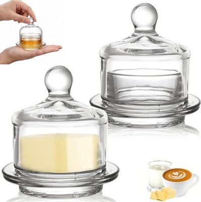 2 Pack Glass Butter Dishes, Small Round Butter Keeper with Dome Lid and Handl...