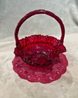 Vintage Fenton Ruby Red Glass Thumbprint Colonial Handle Basket Excellent Cond.!