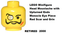LEGO Minifigure Head Moustache Upturned Ends Monocle Eye Piece Red Scar and Grin