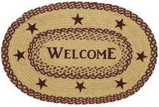 Oval Welcome Rug Burgundy & Tan Braided Jute Mat with Stenciled Stars 20" x 30"